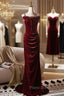 Burgundy Velvet Straps Flower Button Formal Prom Dresses