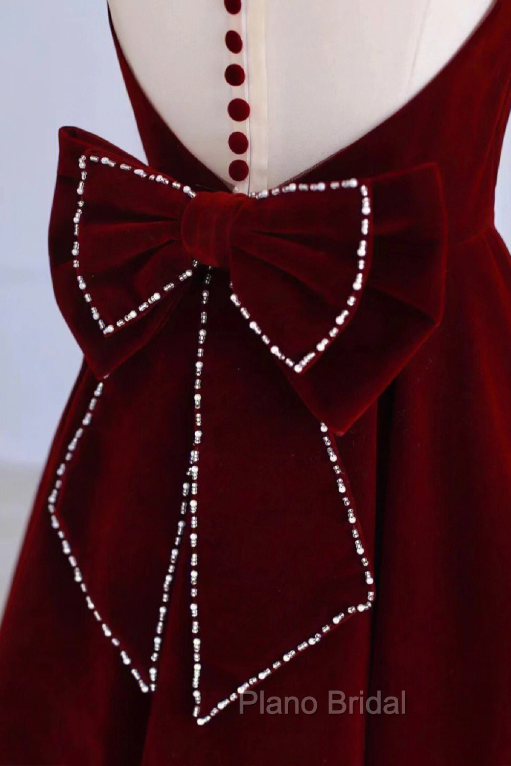 Burgundy Velvet Tea Length Formal Prom Dresses, A-Line Party Dresses with Bow