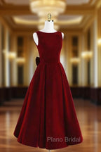 Burgundy Velvet Tea Length Formal Prom Dresses, A-Line Party Dresses with Bow