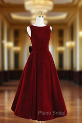 Burgundy Velvet Tea Length Prom Dress, A-Line Party Dress with Bow