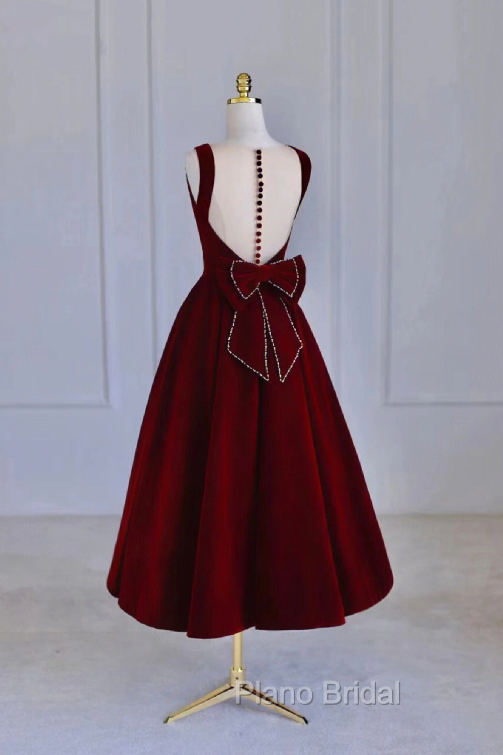 Burgundy Velvet Tea Length Formal Prom Dresses, A-Line Party Dresses with Bow Secondary image