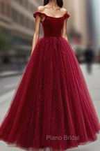 Burgundy Velvet Tulle Floor Length Formal Prom Dresses, Lovely Evening Party Dresses