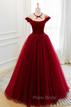 Burgundy Velvet Tulle Floor Length Formal Prom Dresses, Lovely Evening Party Dresses