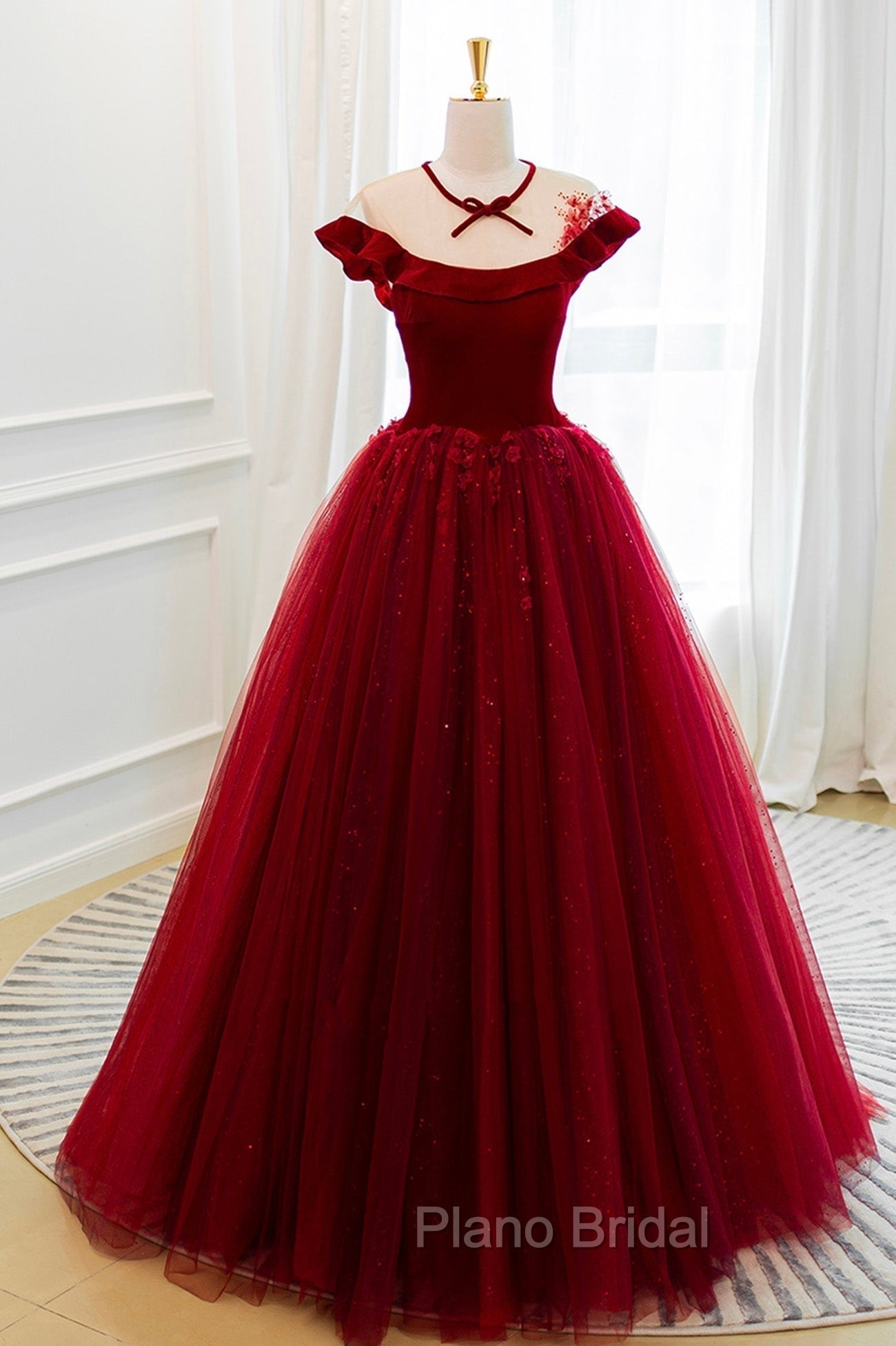 Burgundy Velvet Tulle Floor Length Formal Prom Dresses, Lovely Evening Party Dresses Main image