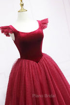 Burgundy Velvet Tulle Tea Length Formal Prom Dresses, Cute A-Line Party Dresses