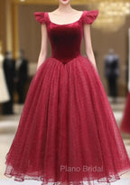 Burgundy Velvet Tulle Tea Length Formal Prom Dresses, Cute A-Line Party Dresses