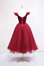 Burgundy Velvet Tulle Tea Length Formal Prom Dresses, Cute A-Line Party Dresses