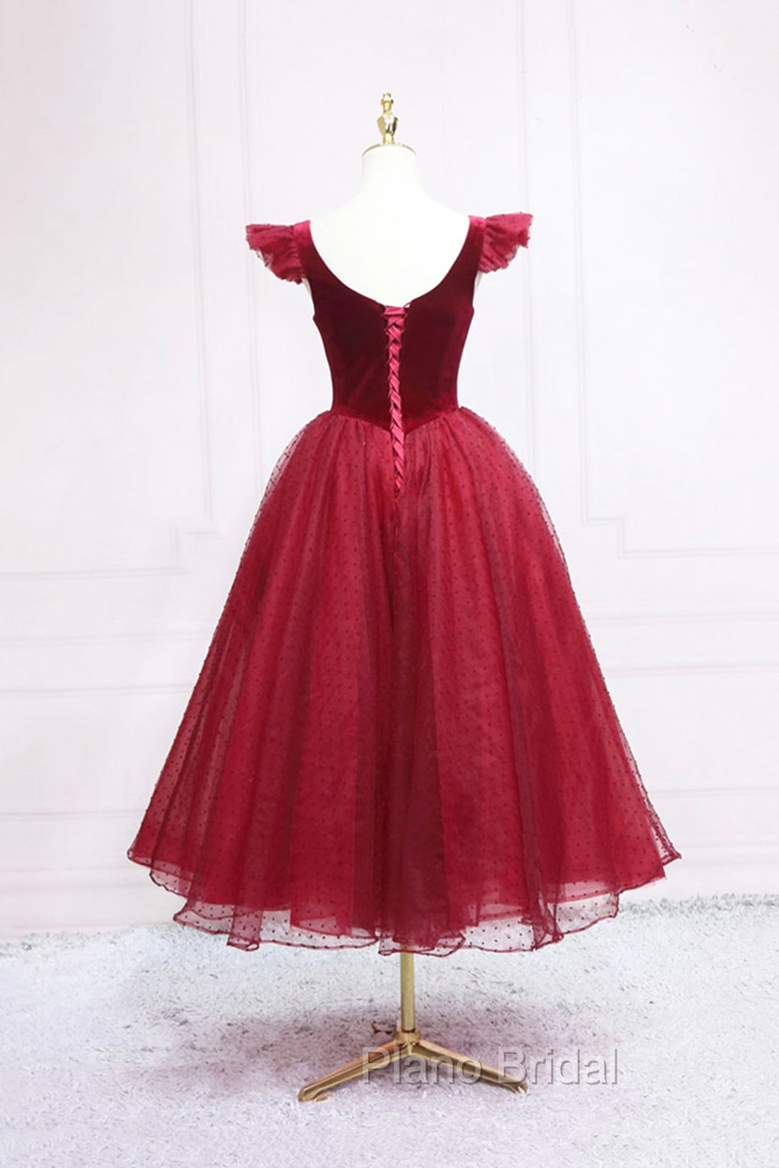 Burgundy Velvet Tulle Tea Length Formal Prom Dresses, Cute A-Line Party Dresses