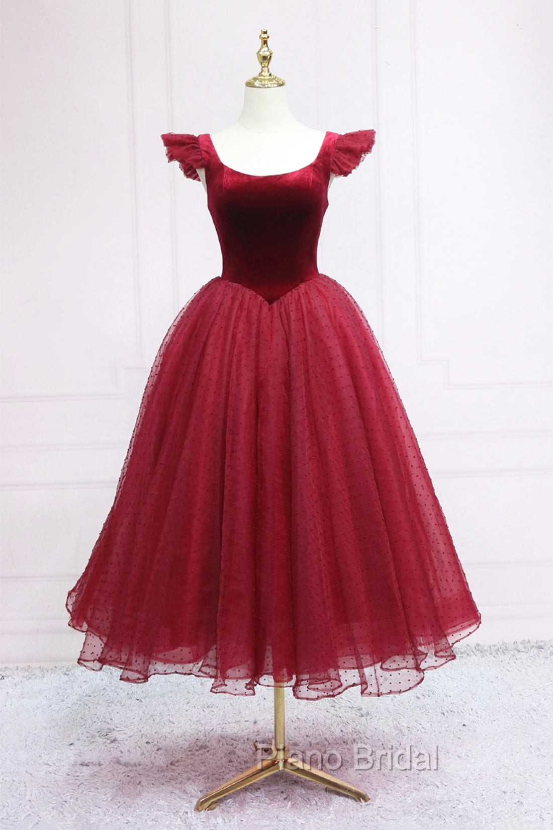 Burgundy Velvet Tulle Tea Length Formal Prom Dresses, Cute A-Line Party Dresses Main image
