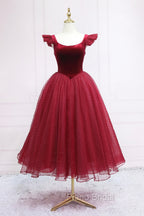 Burgundy Velvet Tulle Tea Length Formal Prom Dresses, Cute A-Line Party Dresses