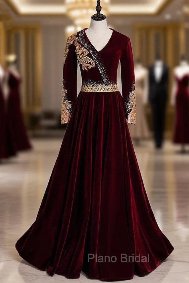 Burgundy Velvet V-neck Long Sleeve Gold Beading Formal Prom Dresses Main image