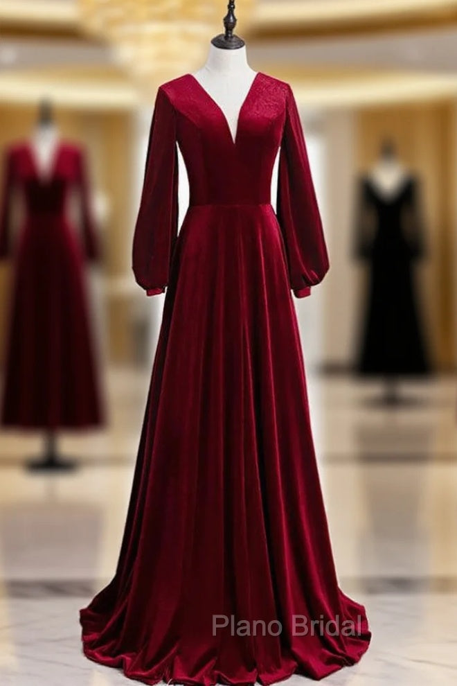 Burgundy Velvet V-neck Long Sleeve Long Formal Prom Dresses Main image