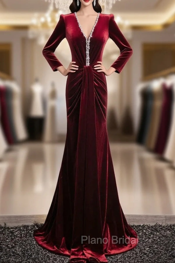 Burgundy Velvet V-neck Long Sleeve Formal Prom Dresses Main image
