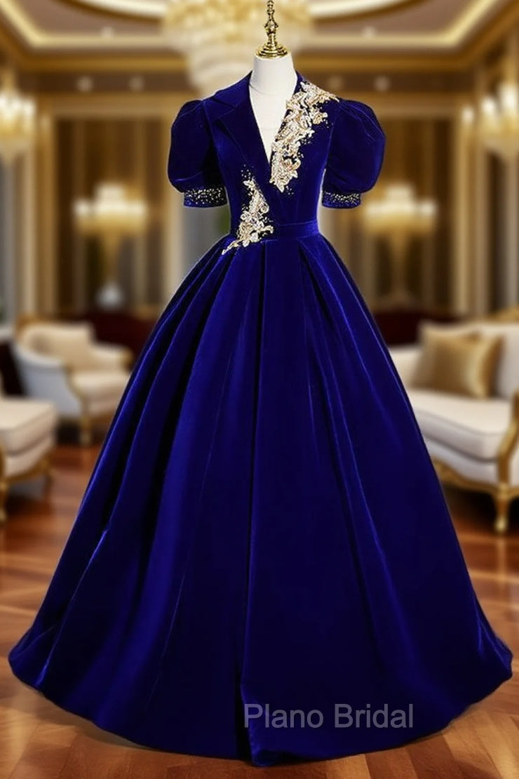 Burgundy Velvet V-neck Puff Sleeve Appliques Formal Prom Dresses Main image