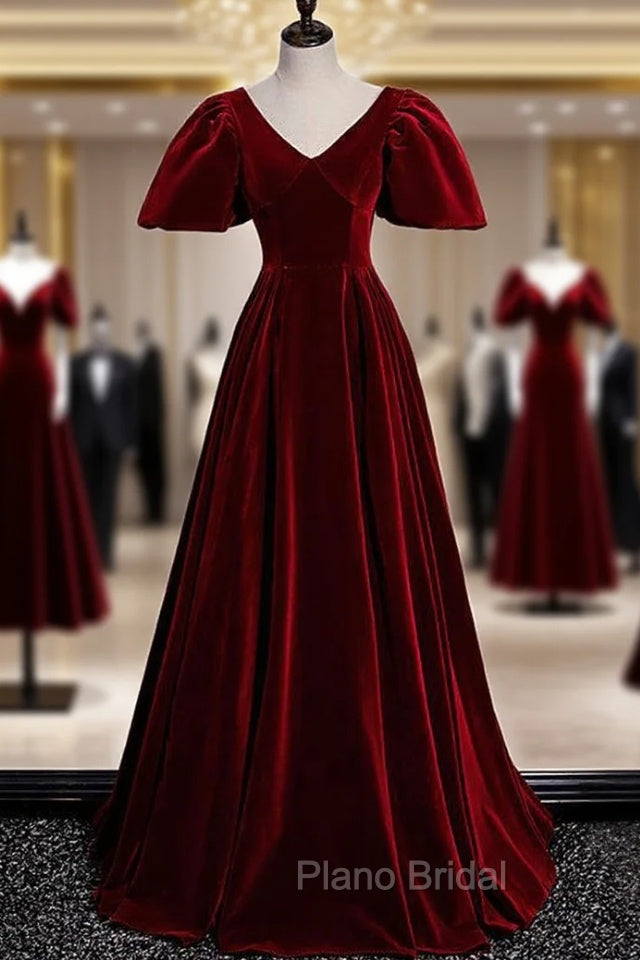 Burgundy Velvet V-neck Puff Sleeve Formal Prom Dresses Main image