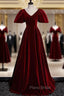Burgundy Velvet V-neck Puff Sleeve Formal Prom Dresses
