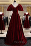 Burgundy Velvet V-neck Puff Sleeve Formal Prom Dresses