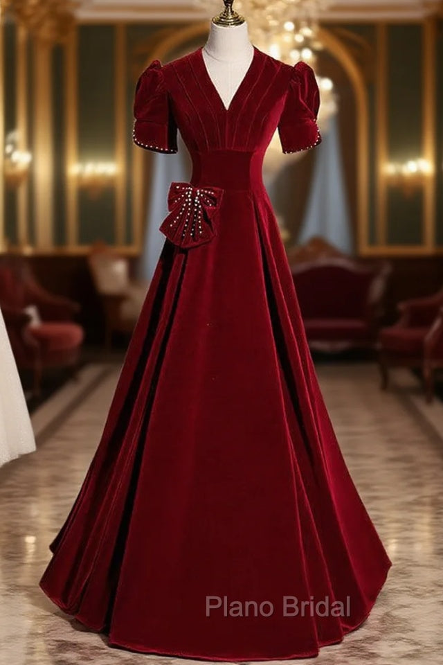 Burgundy Velvet V-neck Short Sleeve Formal Prom Dresses