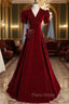 Burgundy Velvet V-neck Short Sleeve Formal Prom Dresses