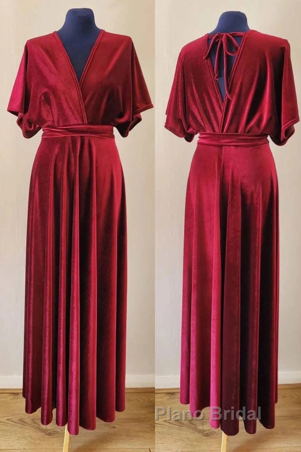 Burgundy Velvet Winter Formal Dresses V-Neck Long Bridesmaid Dresses Secondary image