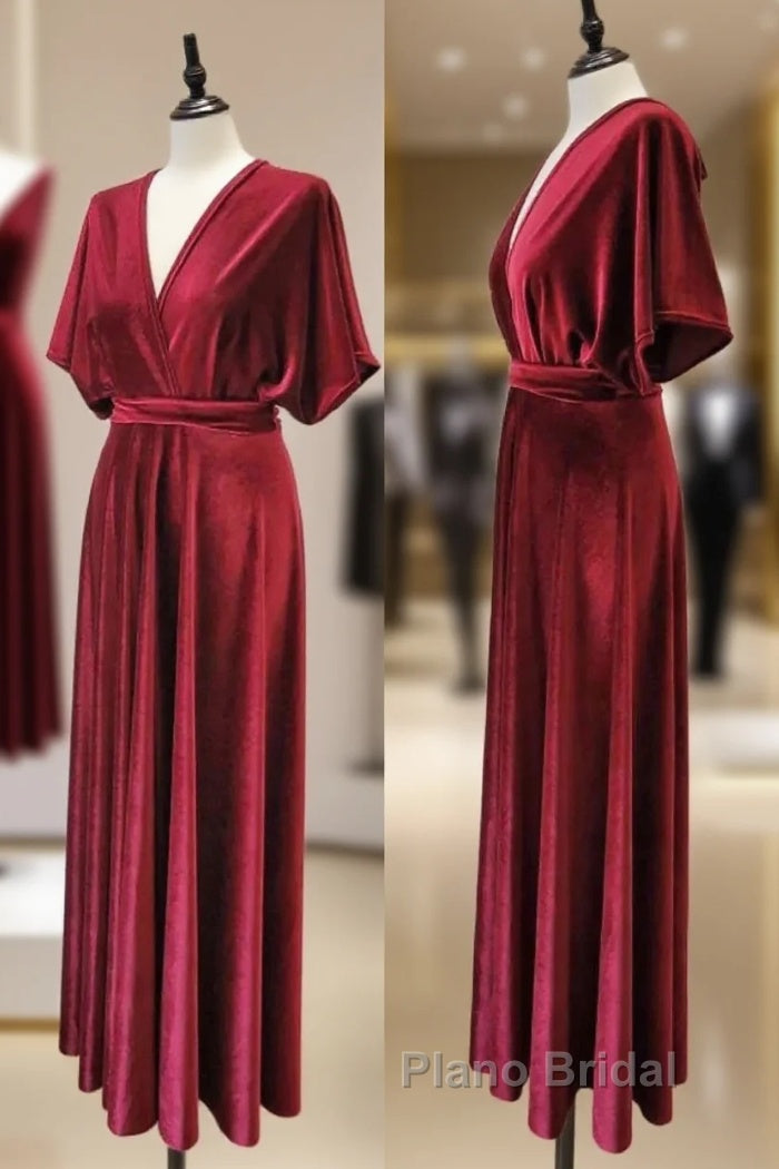 Burgundy Velvet Winter Formal Dresses V-Neck Long Bridesmaid Dresses Main image