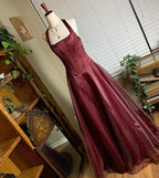 Burgundy Red Vintage Elegant Shiny Beaded Long Tulle Ball Gown Formal Evening Dresses Party Dresses