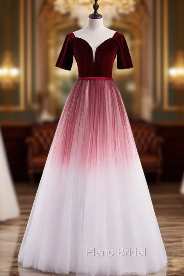 Burgundy White Tulle Velvet Short Sleeve Formal Prom Dresses Main image