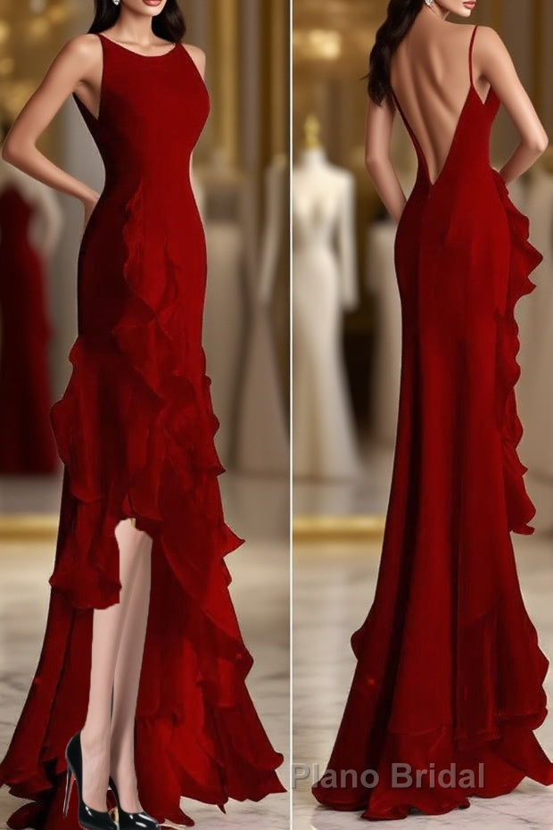 Simple Mermaid Formal Prom Gown With Ruffles, Spaghetti Straps Backless Dresses For Date Main image