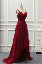 A Line High Low Tulle Formal Prom Dresses with Train, Burgundy V Neck Backless Prom Dresses