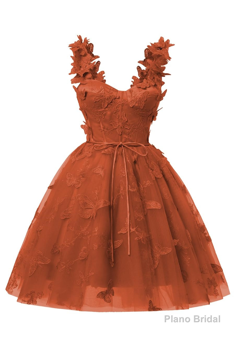 Burnt Orange 3D Butterfly Lace Applique Tulle Homecoming Dress for Teens Sweetheart Mini Short Prom Dresses Main image
