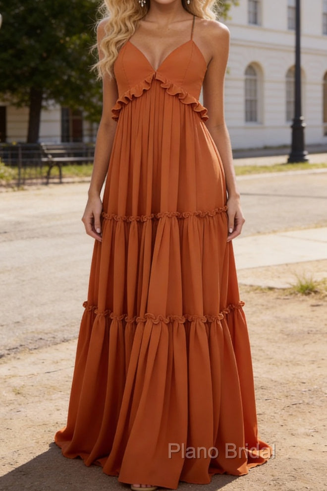Burnt Orange A-line V Neck Sleeveless Floor-Length Chiffon Prom Dress Long Prom Dresses Backless with Pleated Ruffles