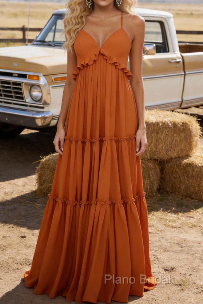 Burnt Orange A-line V Neck Sleeveless Floor-Length Chiffon Prom Dress Long Prom Dresses Backless with Pleated Ruffles