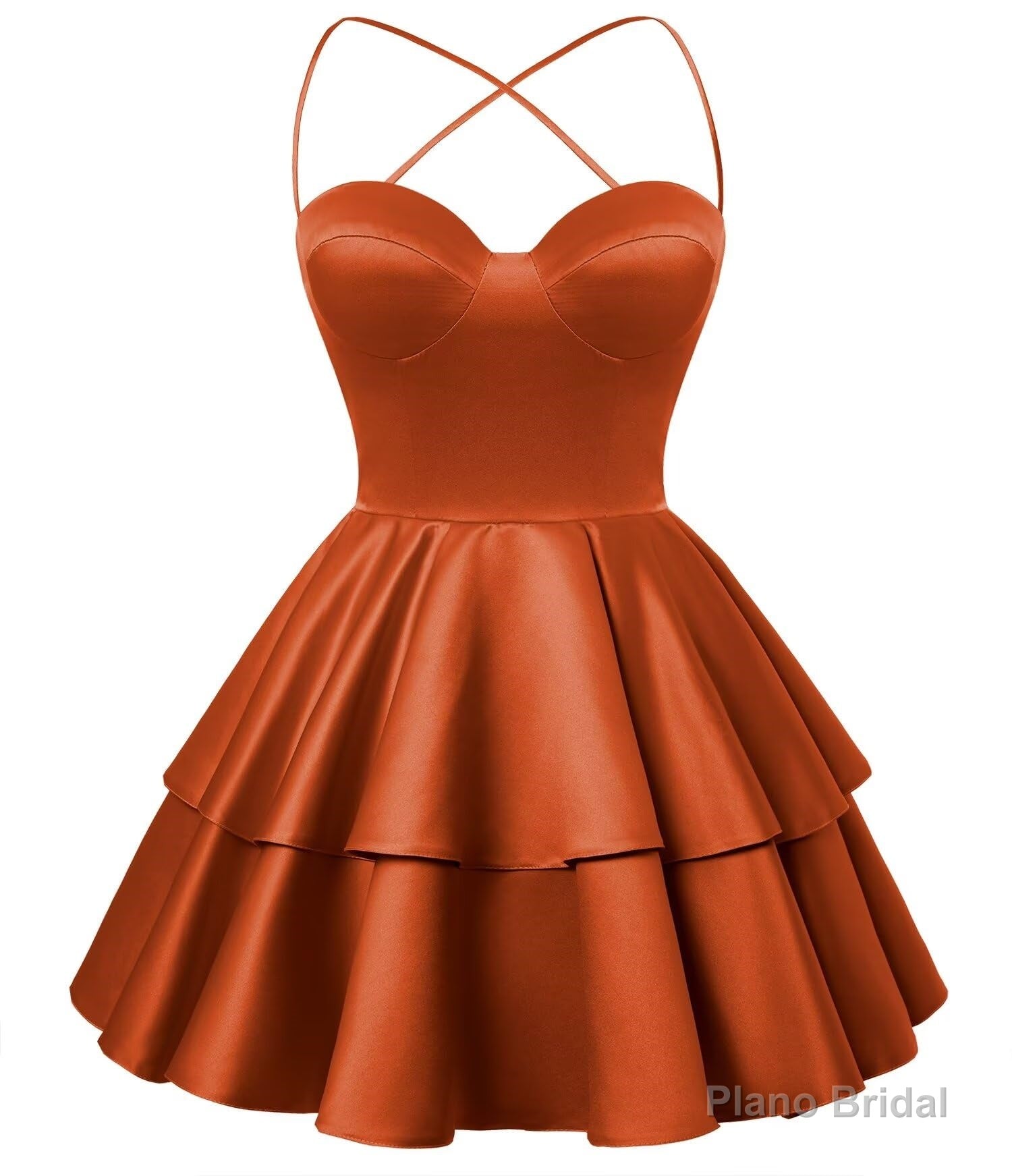 Burnt Orange Satin Homecoming Dress Sweetheart Neck Tiered Short Graduation Dresses Main image