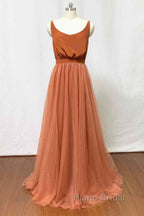 Burnt Orange Scoop Neck Satin Top Long Bridesmaid Dresses