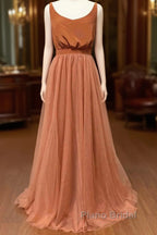 Burnt Orange Scoop Neck Satin Top Long Bridesmaid Dresses