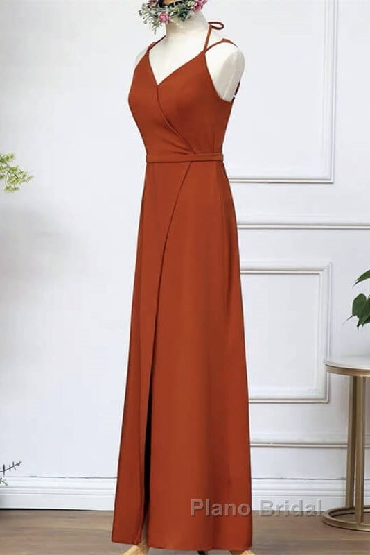 Burnt Orange Slit Bridesmaid Dresses With Straps