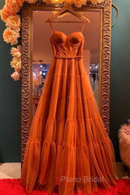 Burnt Orange Straps Tulle A-Line Long Formal Prom Gown Formal Dresses