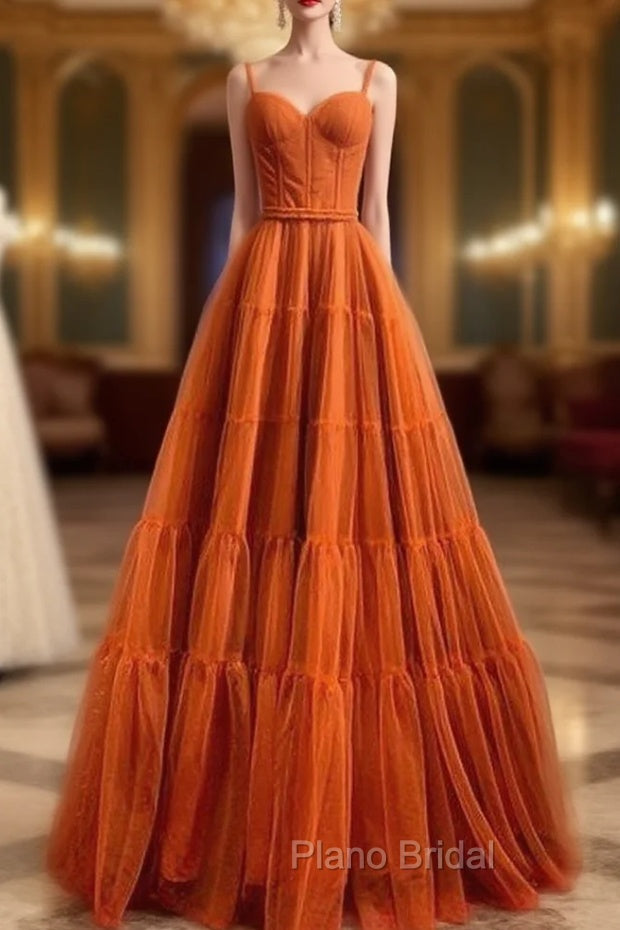 Burnt Orange Straps Tulle A-Line Long Formal Prom Gown Formal Dresses
