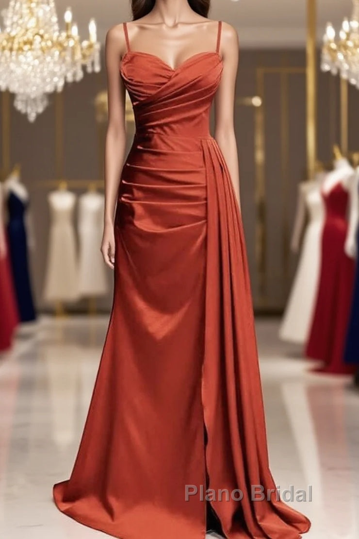Burnt Orange Sweetheart Slit Satin Spaghetti Straps Dresses Main image
