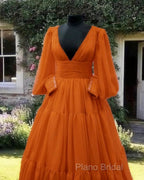 Burnt Orange Tulle V-Neck Ball Gown Dresses
