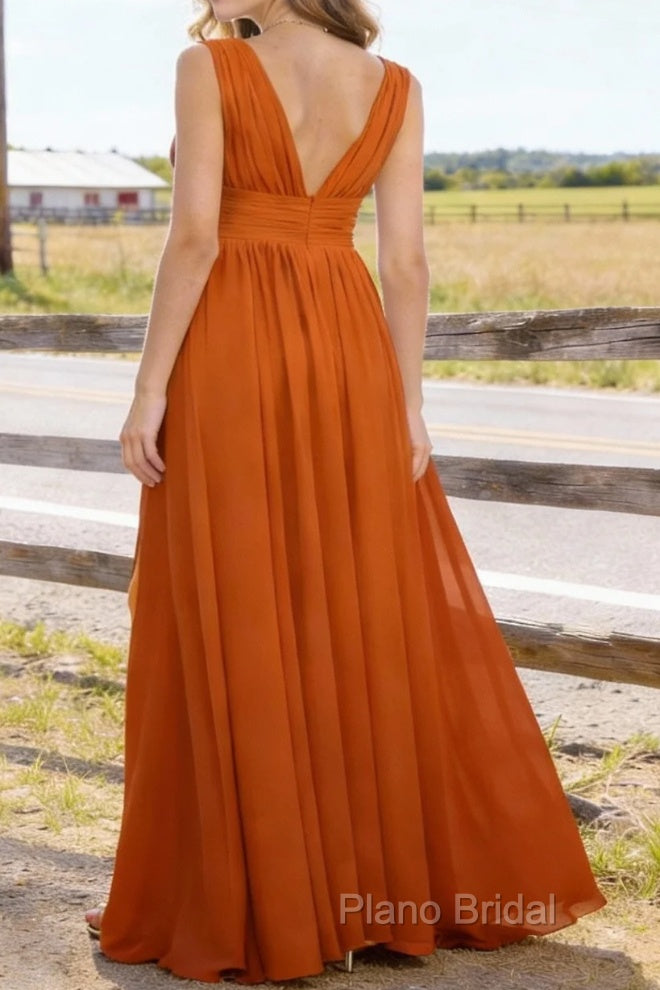 Burnt Orange V Neck Chiffon Floor Length Bridesmaid Dresses Long Bridesmaid Dress With Pleated Split Secondary image