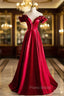 Burugndy Satin Off the Shoulder Formal Prom Dresses