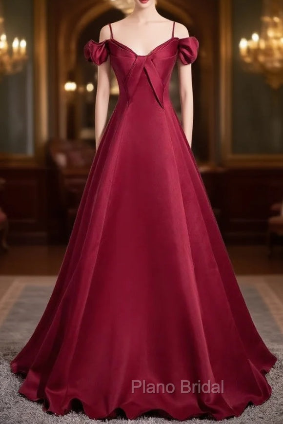 Burugndy Satin Spaghetti Straps Formal Prom Dresses Main image