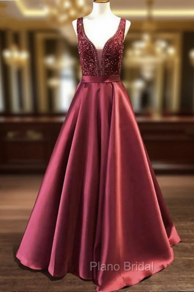 Burugndy Satin V-neck Beading Formal Prom Dresses Main image