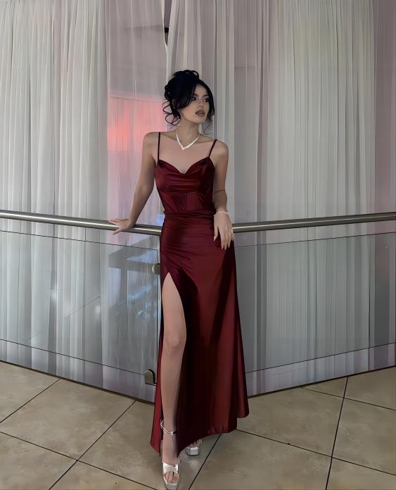 Burugndy Spaghetti Straps Long Formal Prom Dresses With Side Slit Main image
