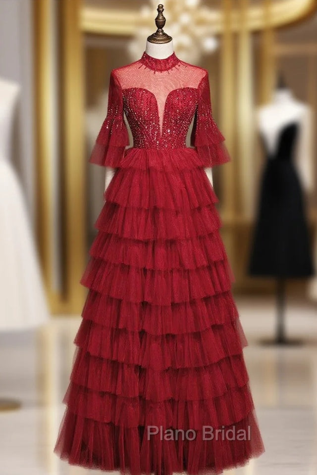 Burugndy Tulle High Neck Backless Beading Formal Prom Dresses