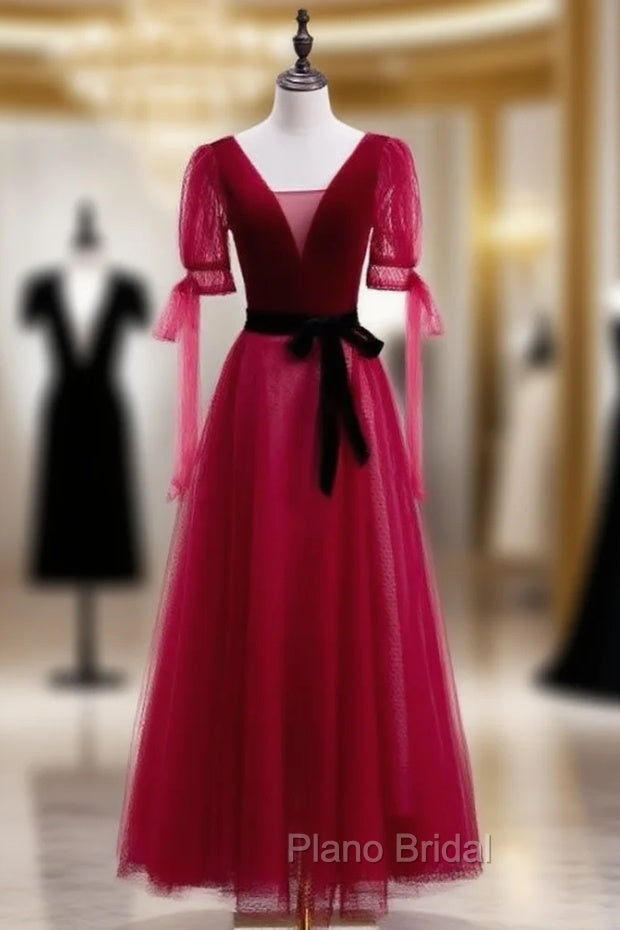 Burugndy Velvet Tulle Short Sleeve Formal Prom Dresses