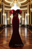 Burungdy Mermaid Sequins Velvet Formal Prom Dresses