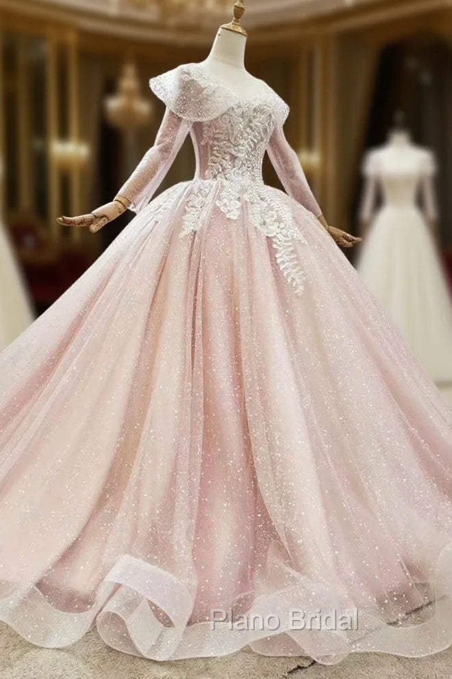 Buy From Pink Ball Gown Tulle Long Sleeve Appliques Princess Formal Prom Dresses Main image