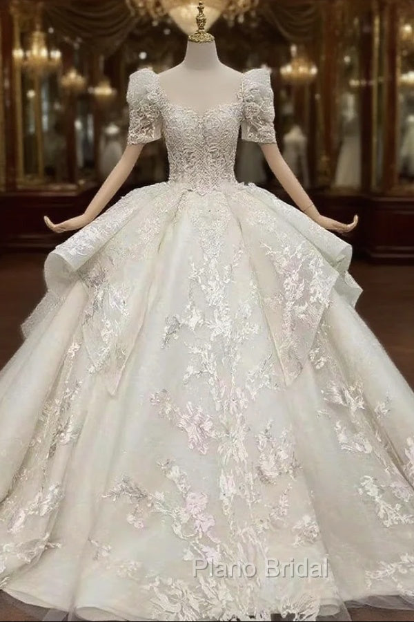 Buy More, Save More Ivory White Ball Gown Tulle Lace Short Sleeve Appliques Beading Wedding Dresses Main image